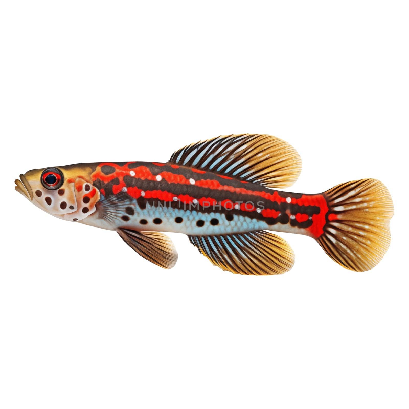 Multicolored aquarium fish on a transparent background, side view. The Firetail Goby, an red and blue saltwater aquarium fish, isolated on a white background, a design element for insertion.
