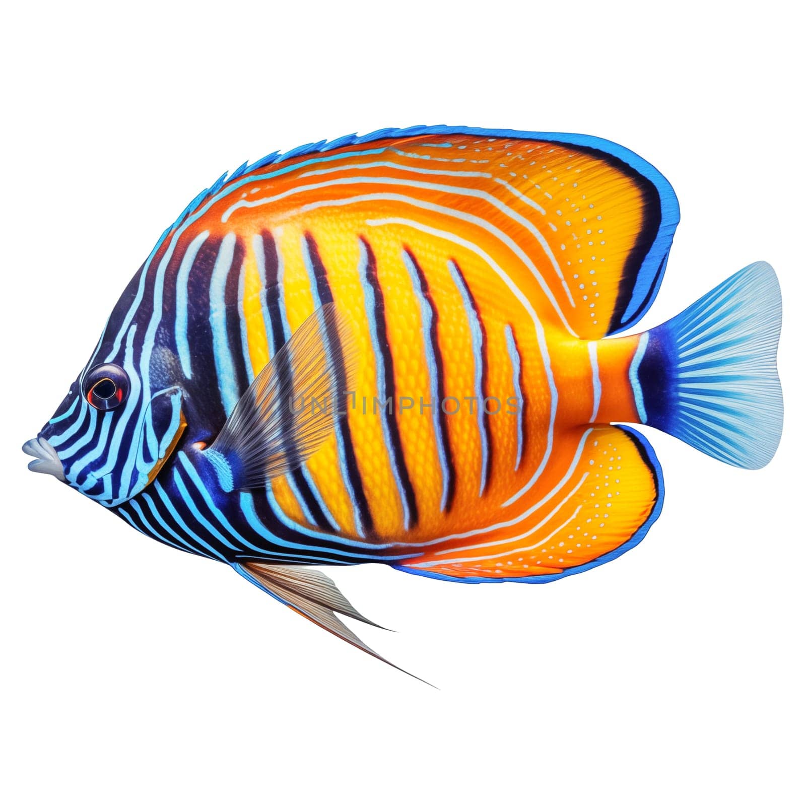 Multicolored aquarium fish on a transparent background, side view. The Tang, an yellow and blue saltwater aquarium fish, isolated on a white background, a design element for insertion by SERSOL
