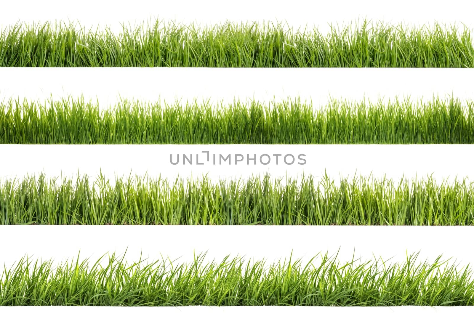 A set of long horizontal stripes of green grass cut out on a transparent background in PNG format. A strip of grass with various sprouts, side view, close-up. by SERSOL