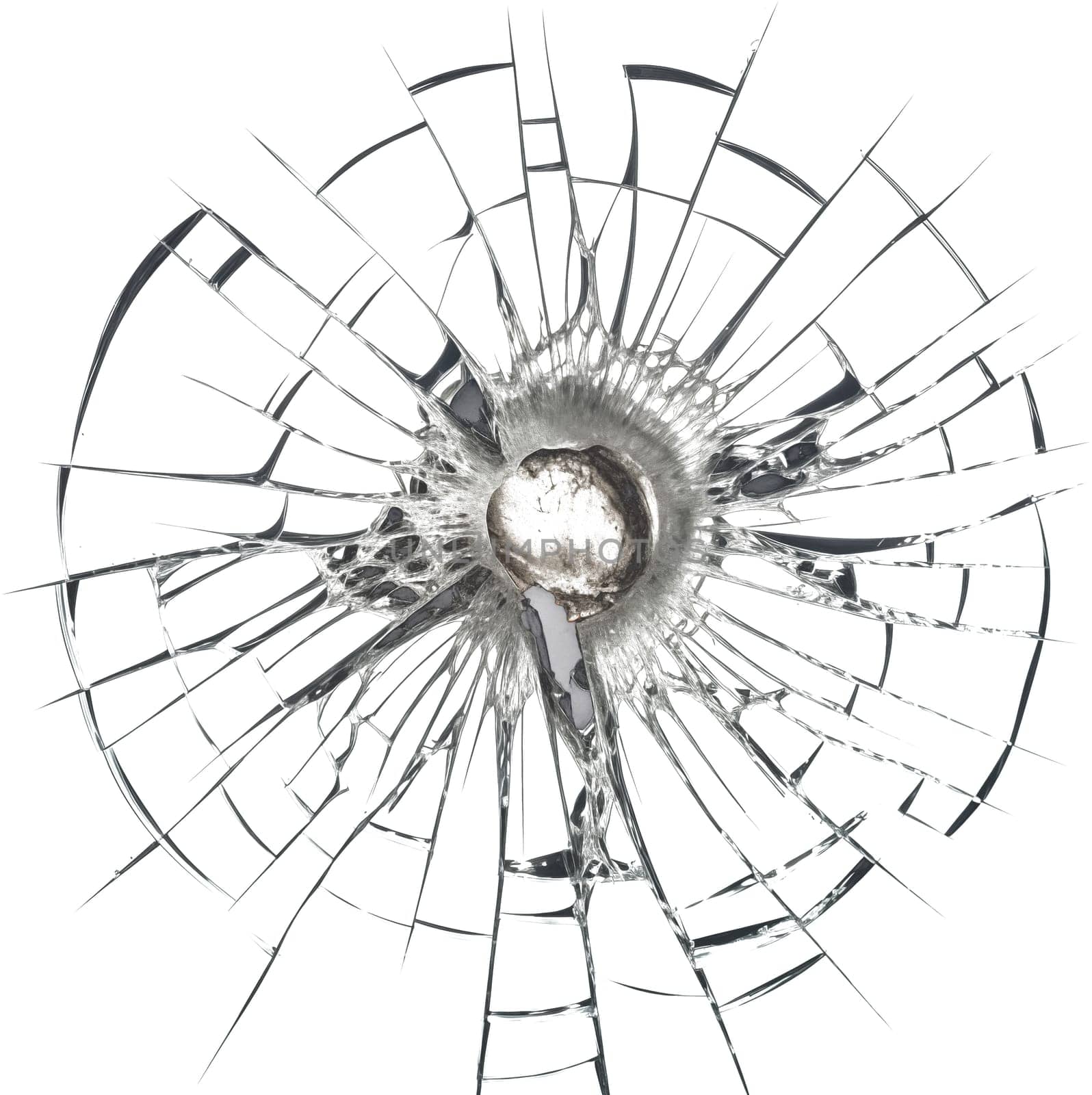 A hole in glass on a transparent background in PNG format. Close-up of a bullet hole in the glass, cracks spreading out in different directions. Overlay for design or project by SERSOL