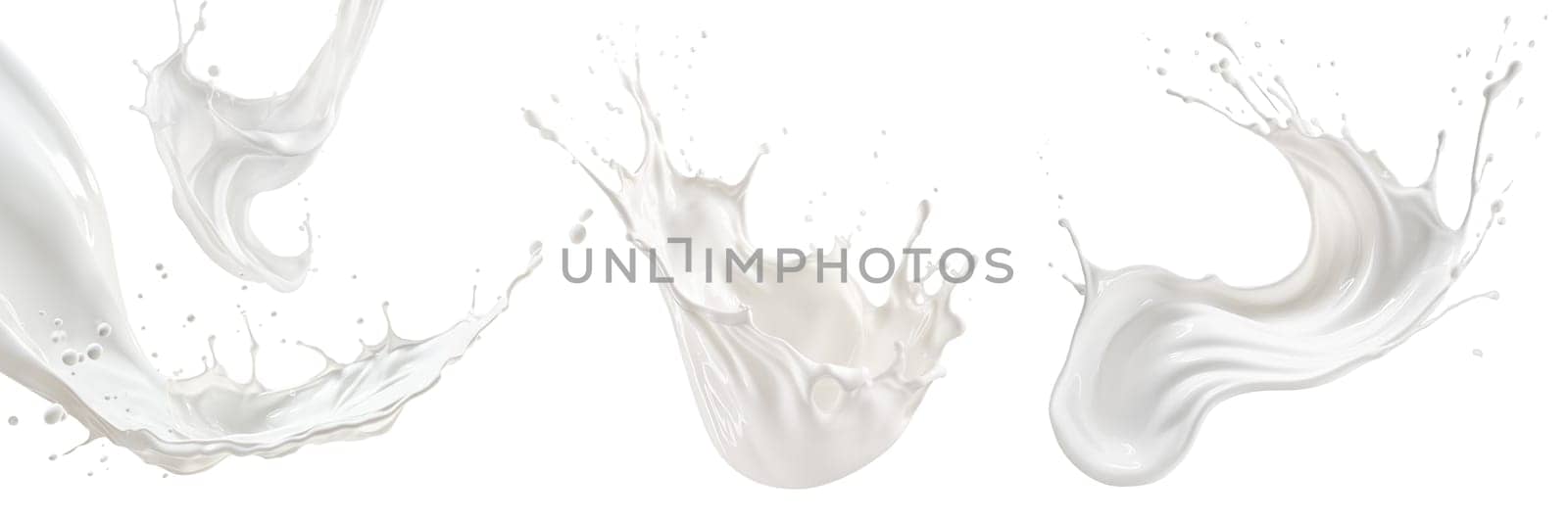 Set of milk splashes isolated on transparent background. Milk splashes and drops flying in different directions isolated on a white background. High quality photo