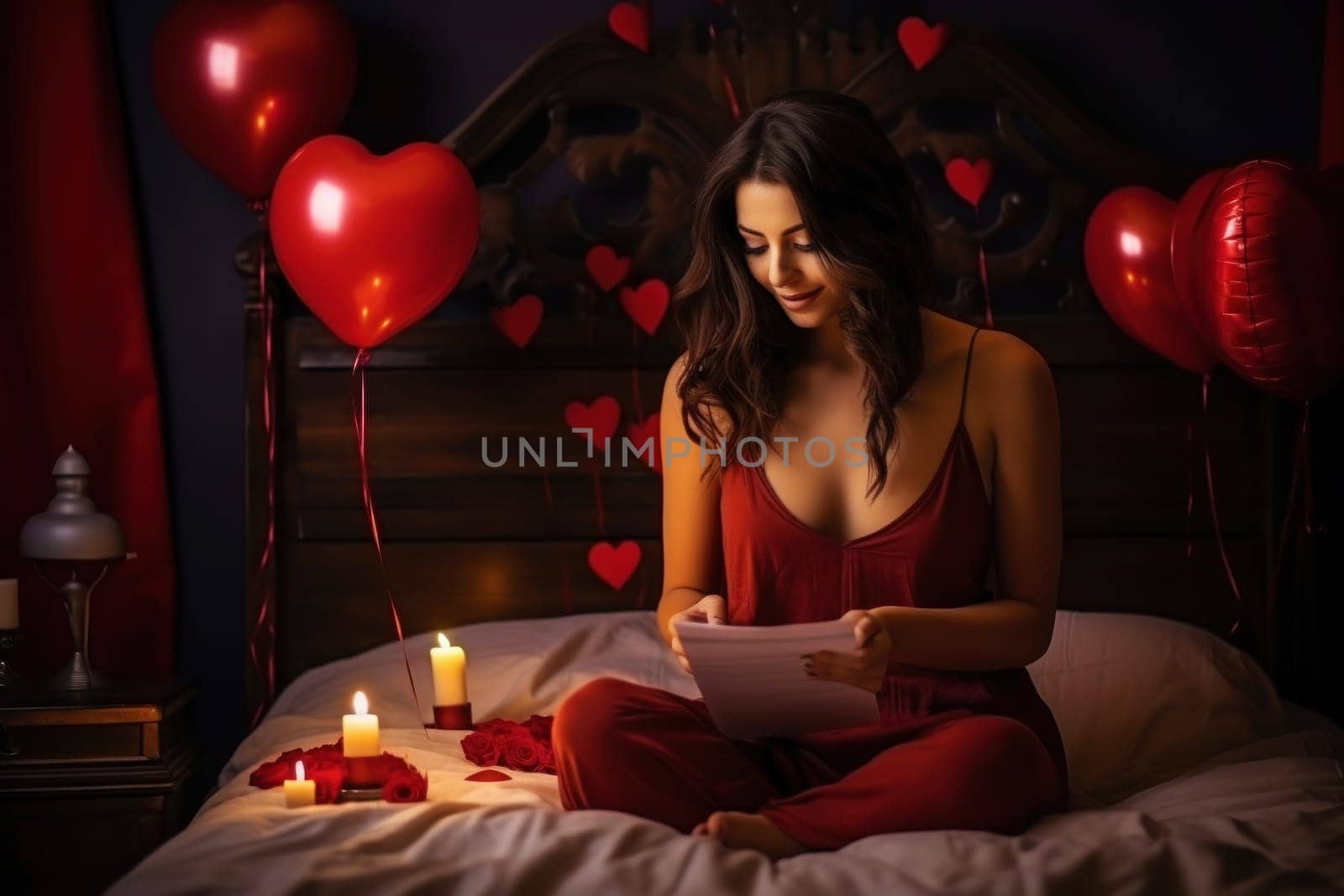 A happy woman enjoys a love-filled moment in a bedroom with heart-shaped balloons