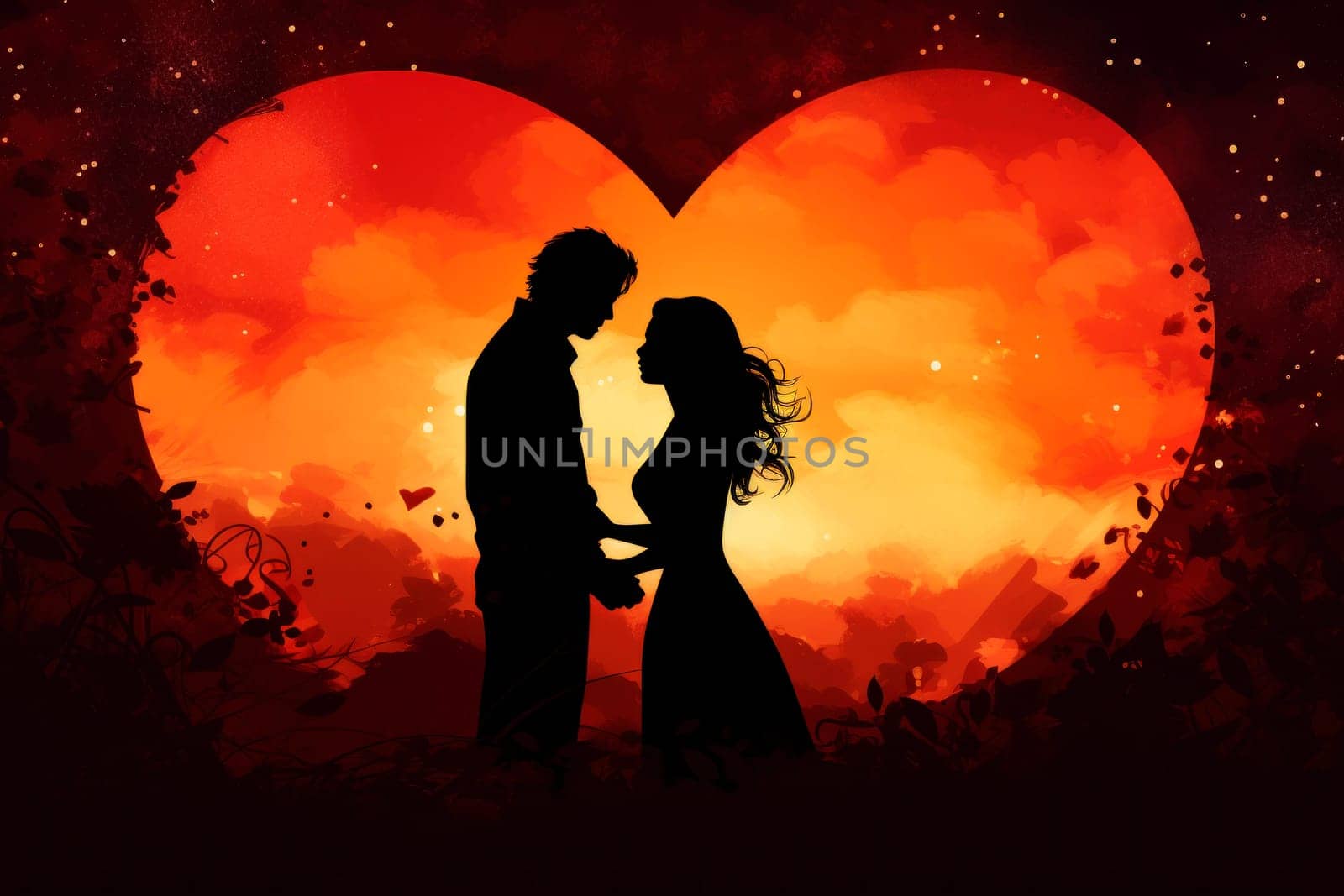 Silhouette of a loving couple of a man and a woman against a sunset background by andreyz