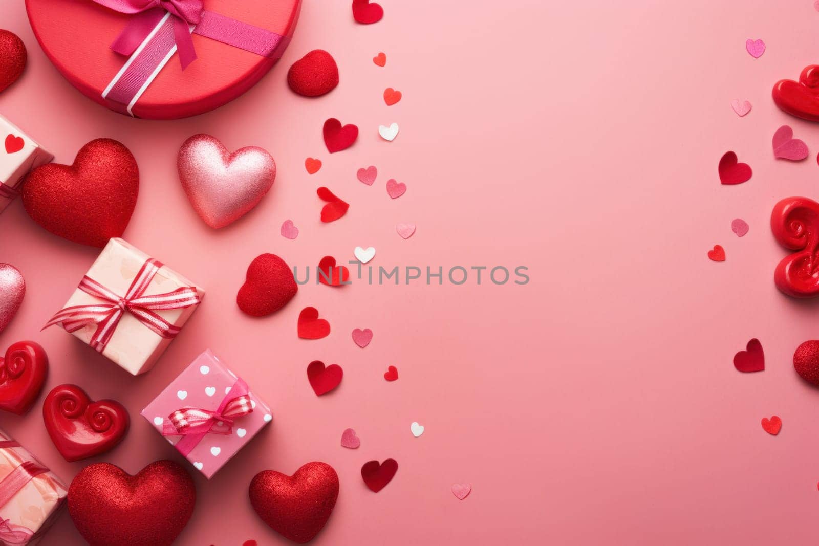A festive background filled with candy, hearts and gift boxes. Background for Valentine's Day