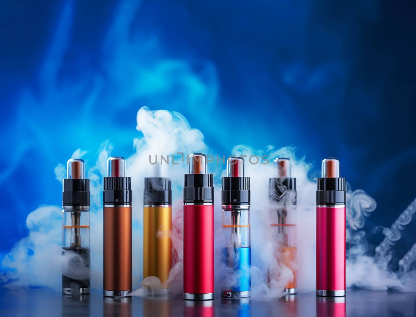 Set of colorful disposable electronic cigarettes on a blue background. by Suietska