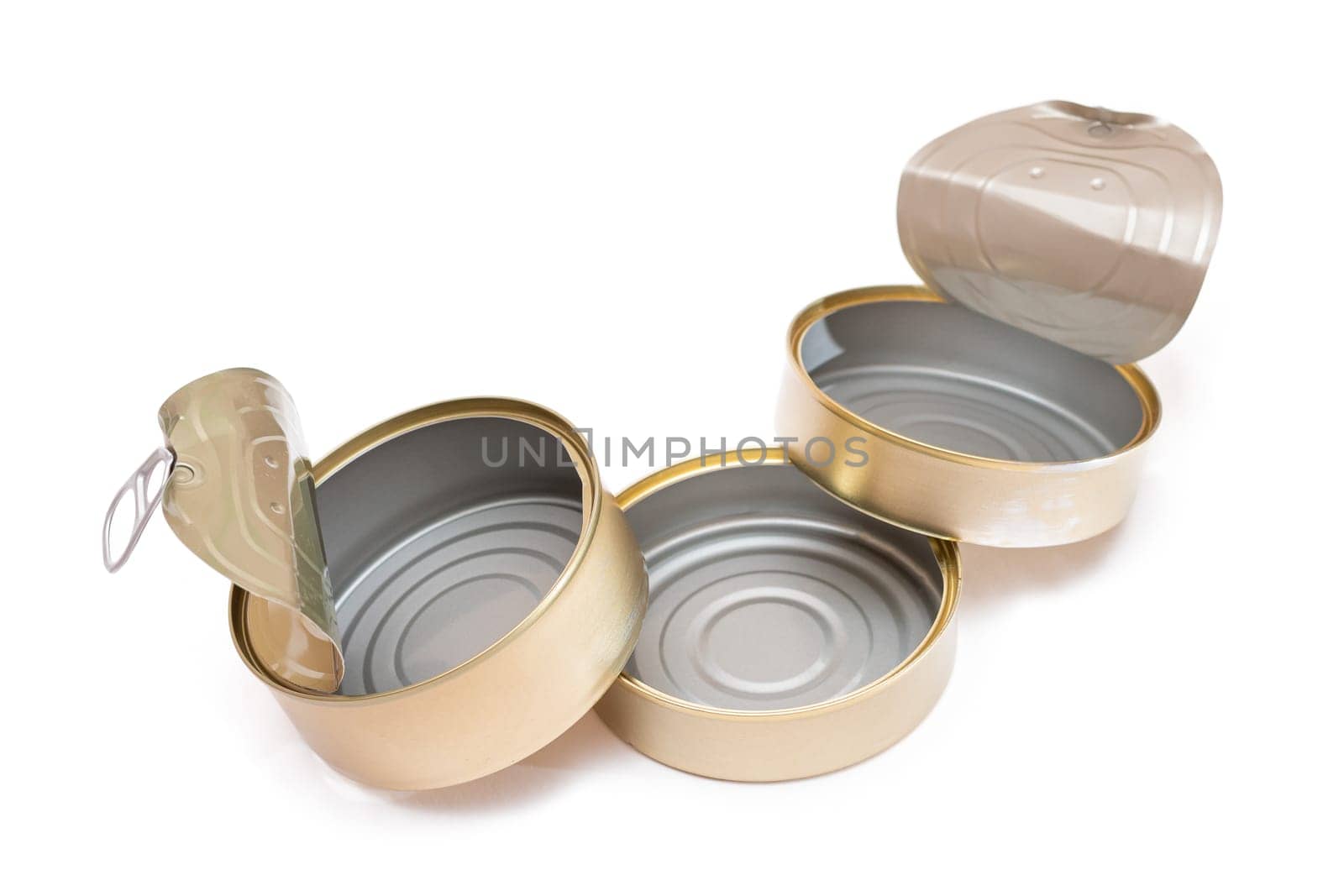 Three Opened Empty Tin Cans Isolated on White Background. Clean Used Aluminum Cans - Isolation. Non-Degradable Inorganic Waste