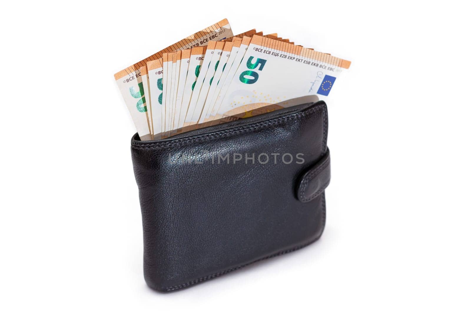 Black Leather Men Wallet with Fifty Euro Banknotes Inside - Isolated on White by InfinitumProdux
