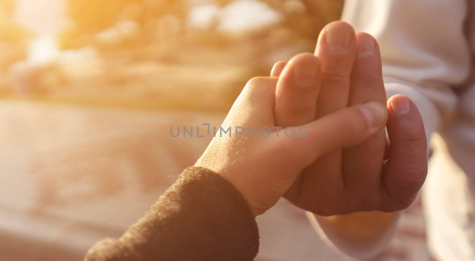 A gentle touch, a man's hand to a woman's hand, an elderly couple holding hands together on a walk in the park in the sun, the husband cares and supports his wife.