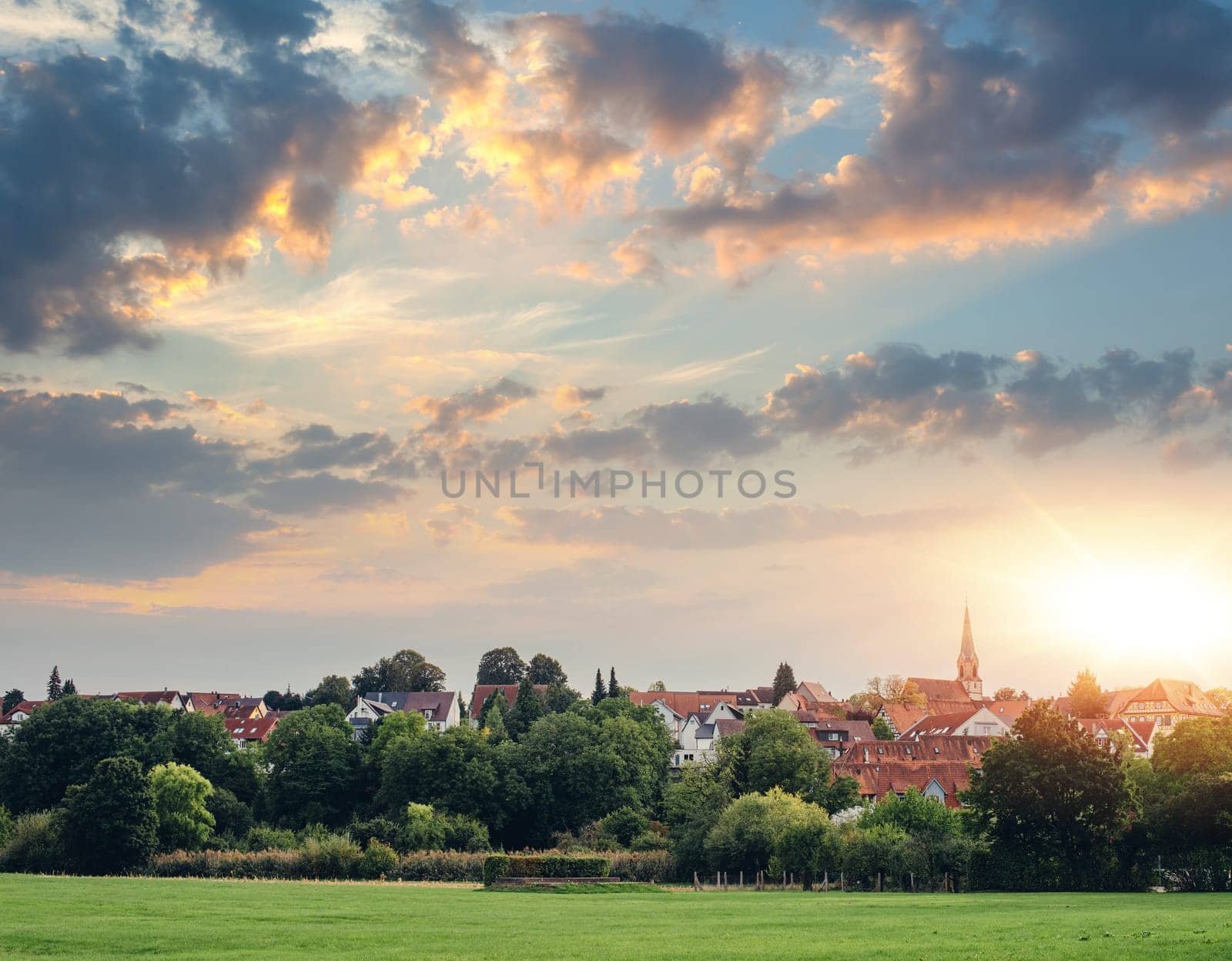 Freiberg am Neckar On the Sunset. Small European town in Baden Wurttemberg, Germany, Europe. Nekar river, southwestern Germany by Andrii_Ko