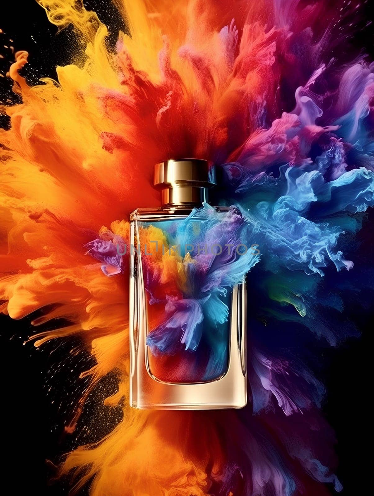 A bottle of perfume in colorful smoke - colored explosion by chrisroll