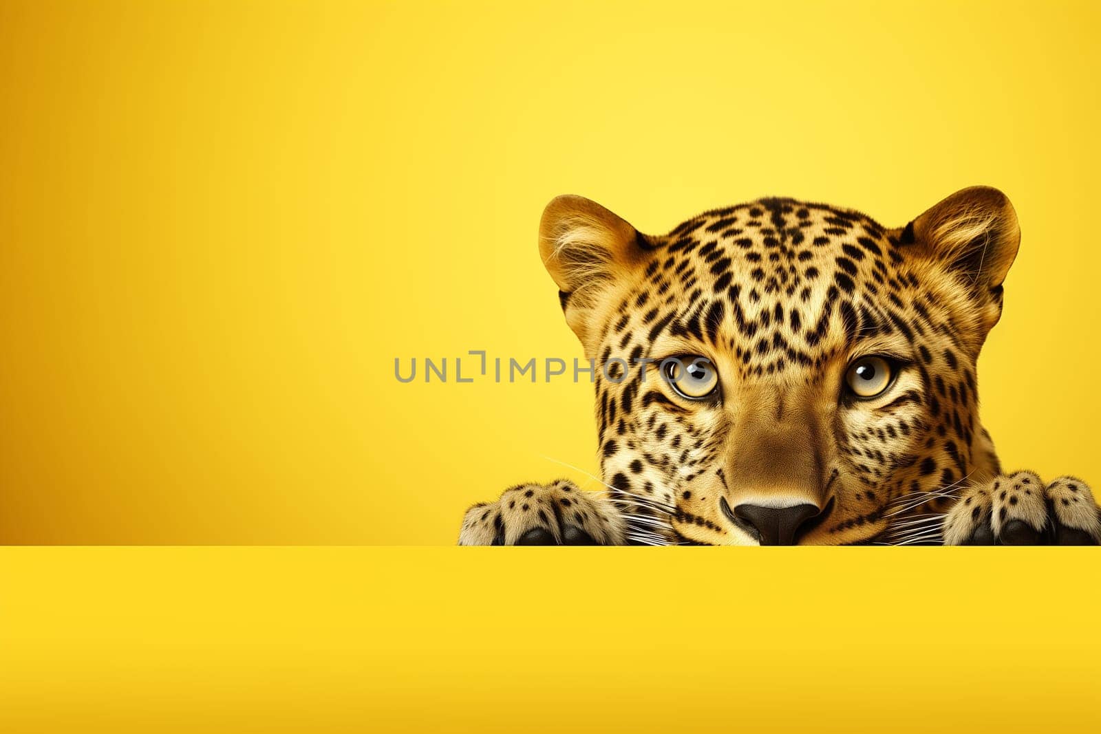 Leopard portrait isolated on yellow background. Banner with a leopard and copy space. the leopard looks out from behind the yellow wall by esvetleishaya