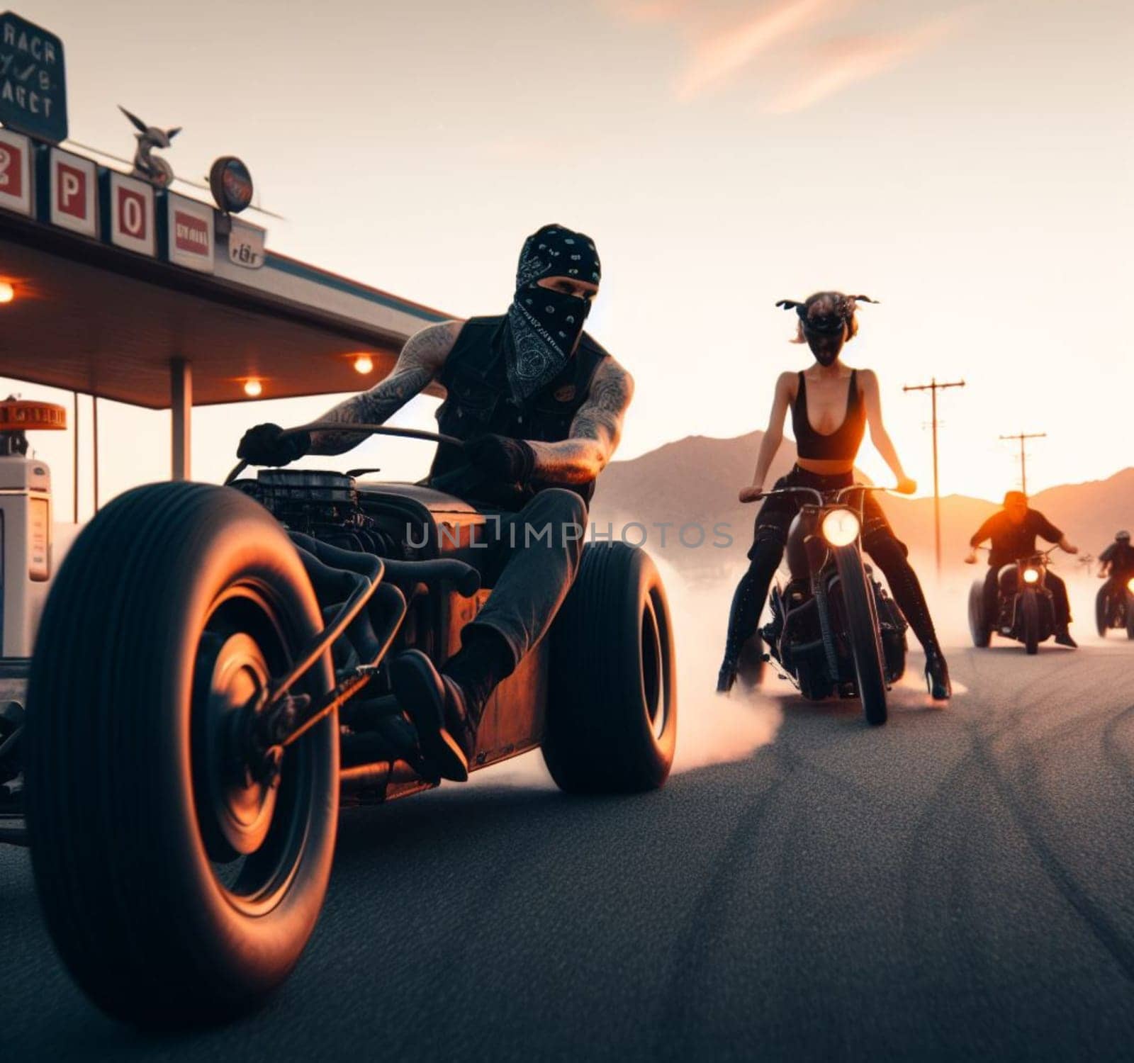 gang of pinup girl and plus size retro vandals in steampunk hot rods and tuned bikes burning rubber, wearing jeans and leather, gas station , desert road, comics illustration, mad max ai generated