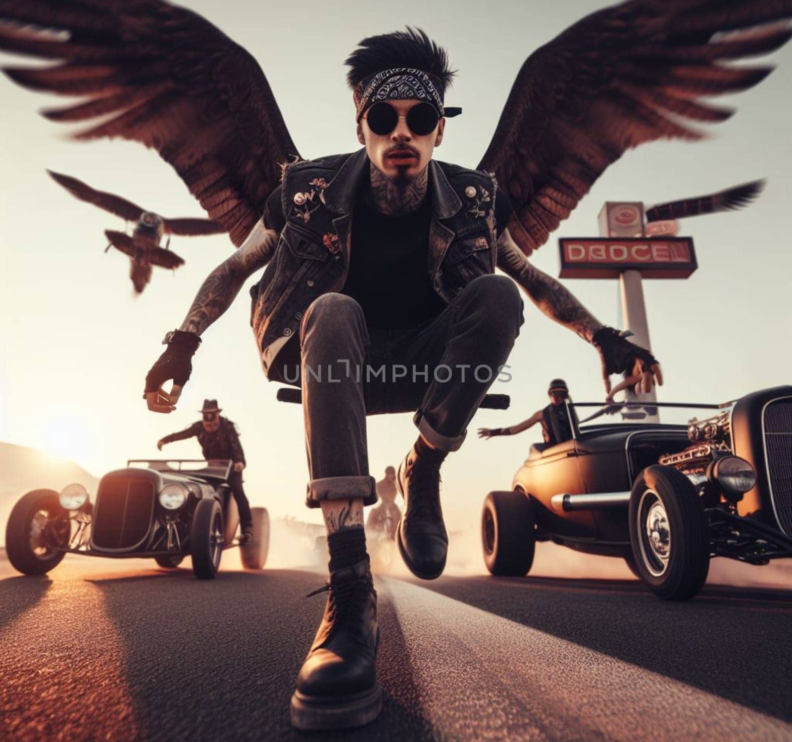 gang of pinup girl and plus size retro vandals in steampunk hot rods and tuned bikes burning rubber, wearing jeans and leather, gas station , desert road, comics illustration, mad max ai generated