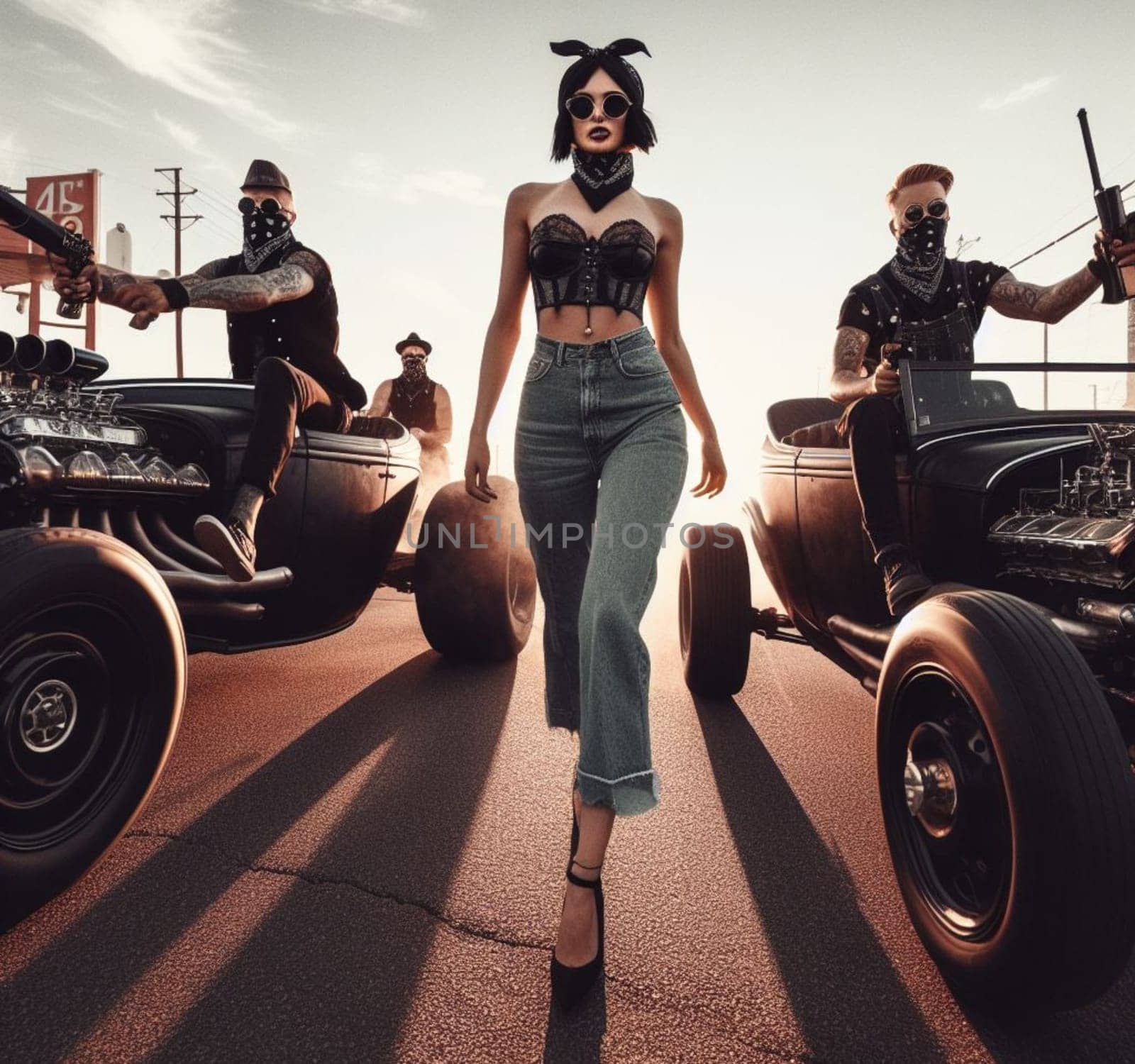 pinup girl, punk vandals gang wear jeans, leather, drive hotrods, bikes, escape gas station, desert by verbano