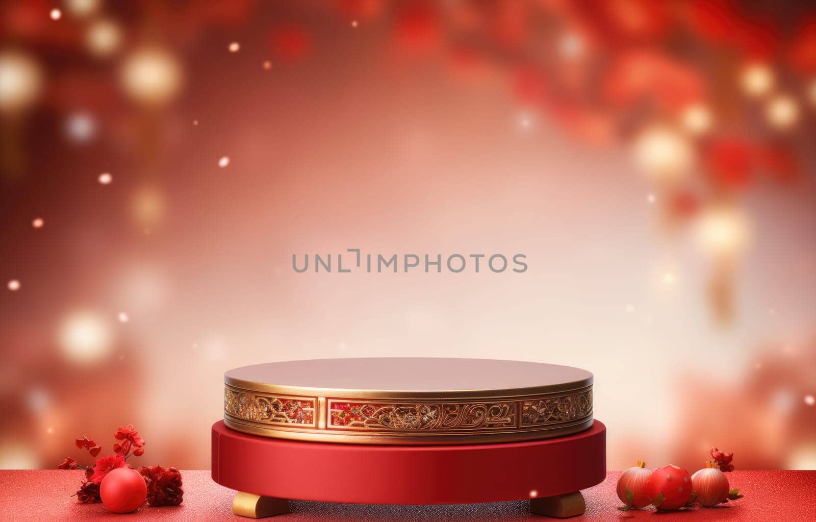 red cylinder podium for products display presentation, Chinese new year, Chinese Festivals, Mid Autumn Festival, poster, greeting card