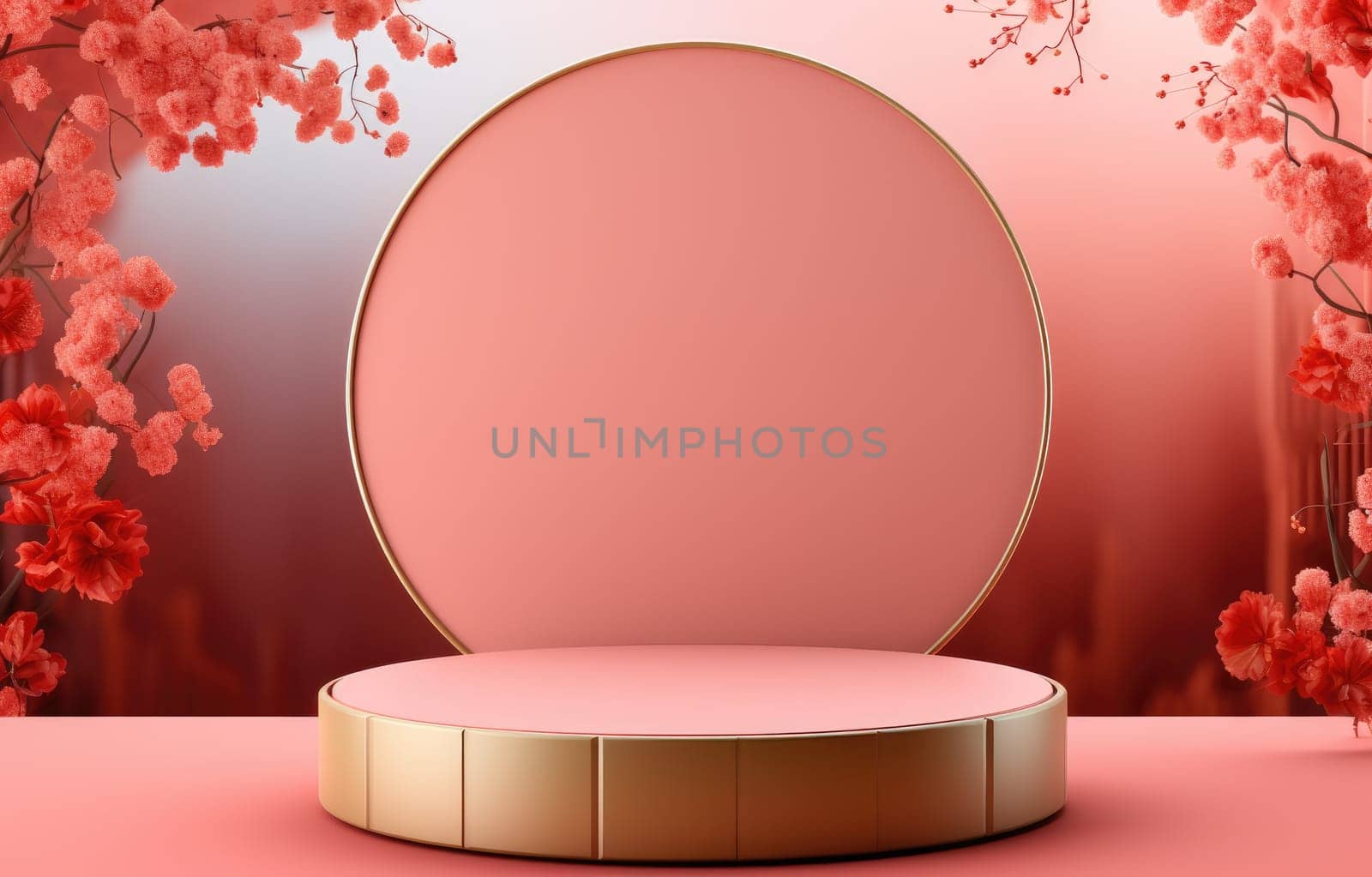 Red luxury background with product display podium element with 3d realistic chinese new year ornament.