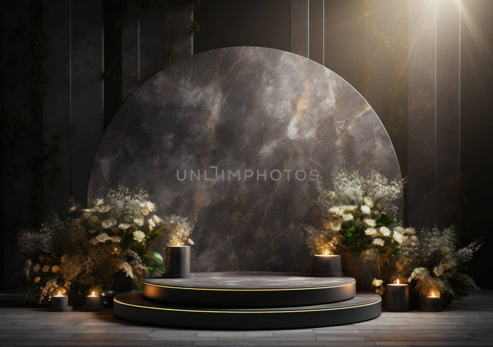 Dark podium, showcase for advertising products and goods. Display with natural stones and green tropical branches. Background for natural cosmetics and branding.