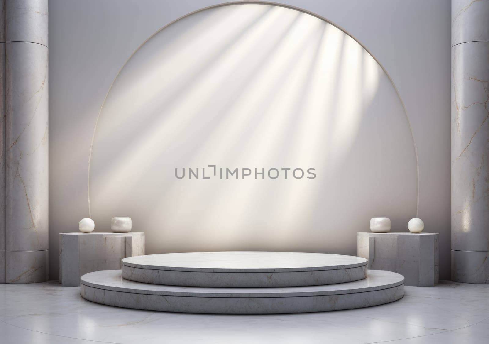 abstract modern minimal background with cobblestones on the wet floor. Trendy showcase with golden round frame and empty platform for product displaying by PeaceYAY