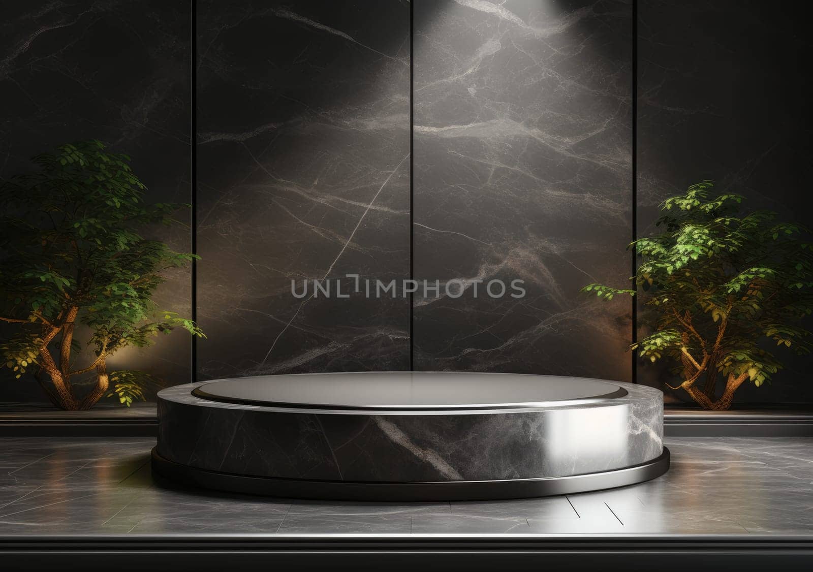 Dark podium, showcase for advertising products and goods. Display with natural stones and green tropical branches. Background for natural cosmetics and branding by PeaceYAY