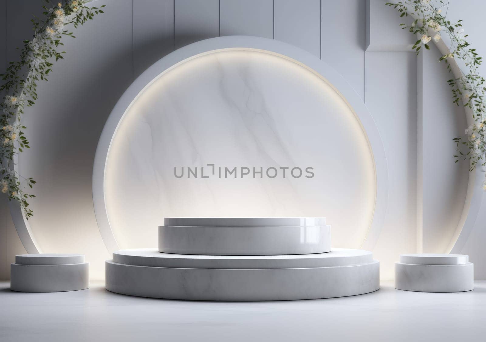 abstract modern minimal background with cobblestones on the wet floor. Trendy showcase with golden round frame and empty platform for product displaying.