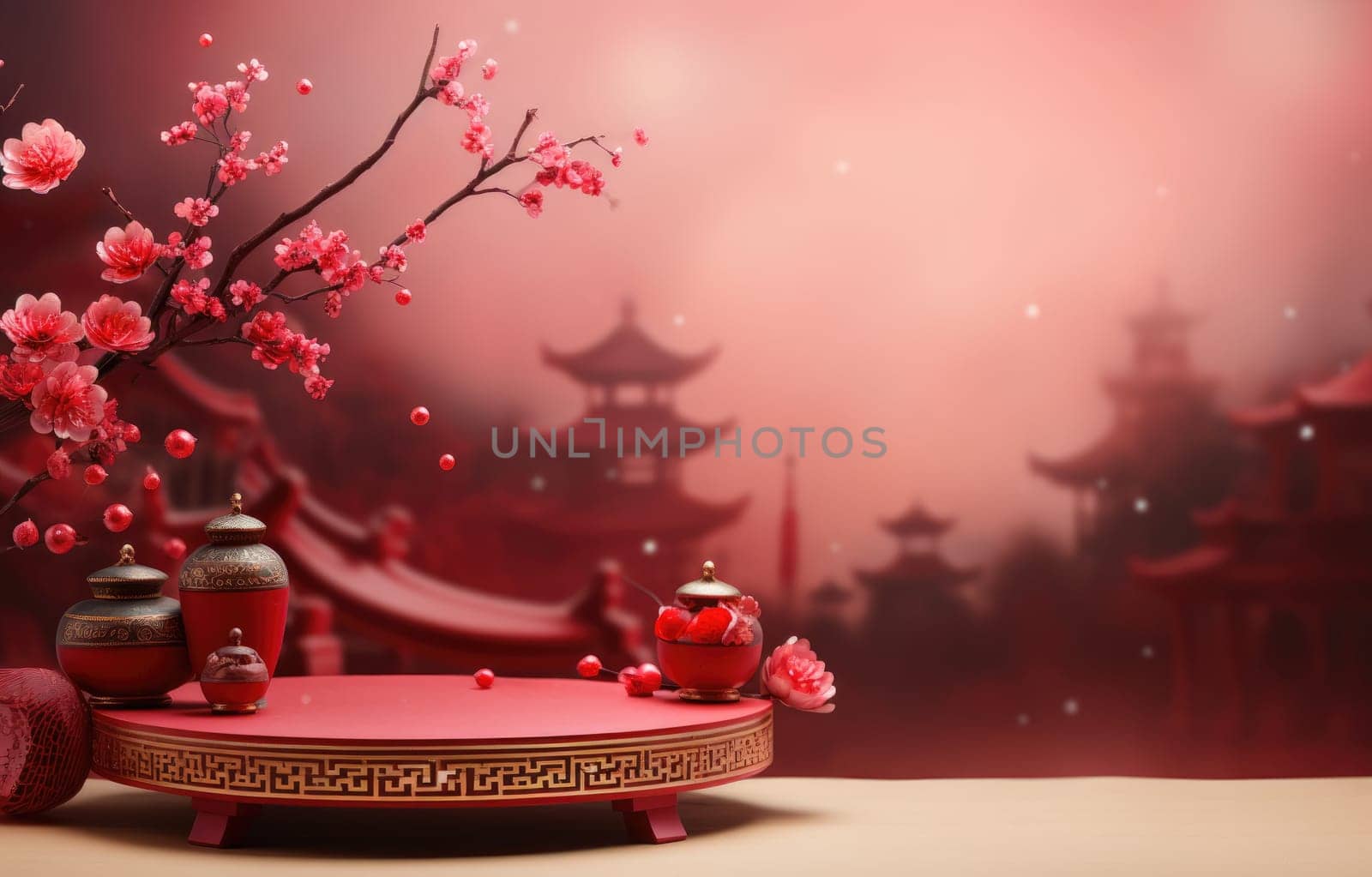 red cylinder podium for products display presentation, Chinese new year, Chinese Festivals, Mid Autumn Festival, poster, greeting card