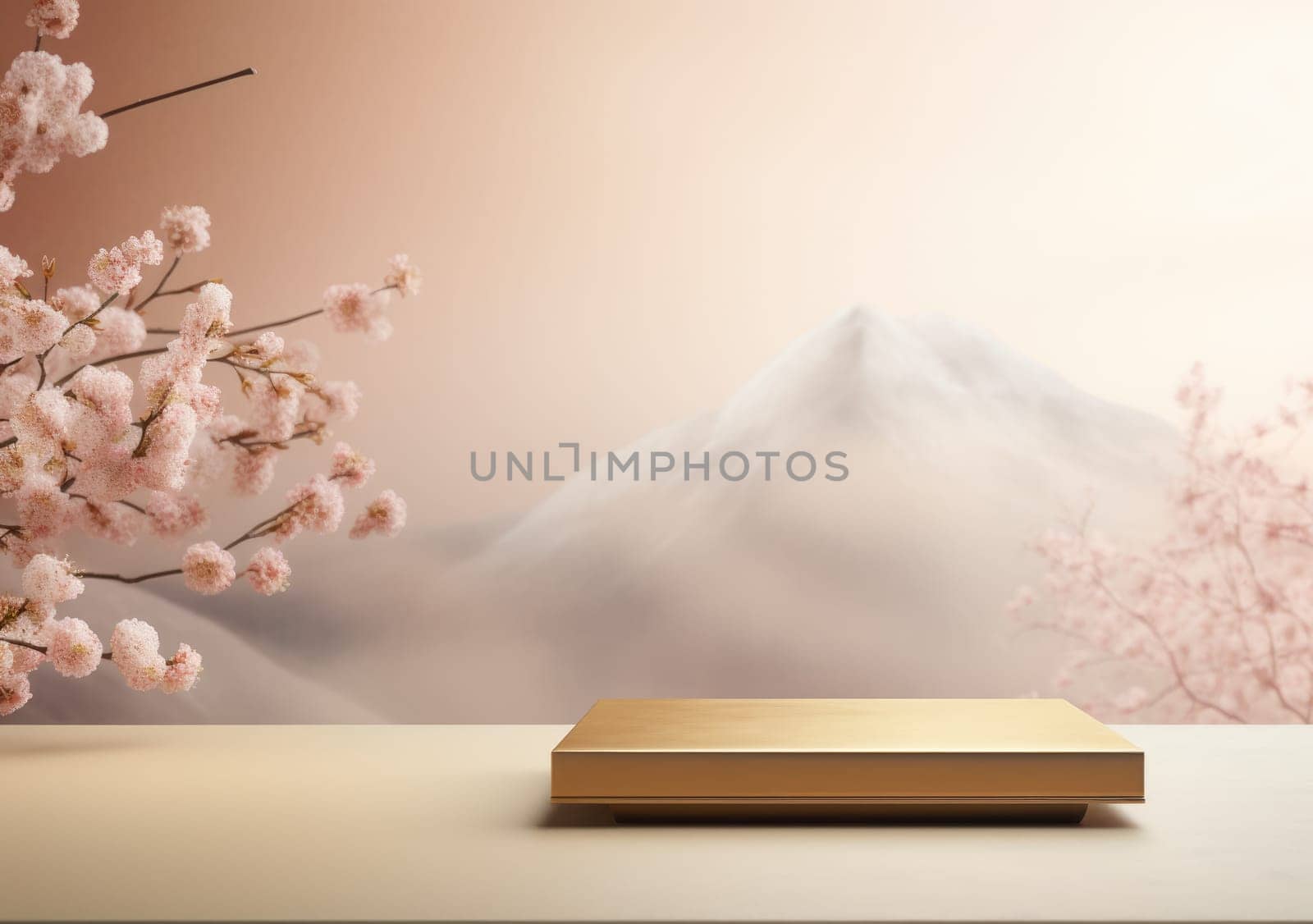 Realistic 3D render blank empty pastel pink podium with cherry blossom flower bouquet and blowing white curtain. Beauty products display, Backdrop.