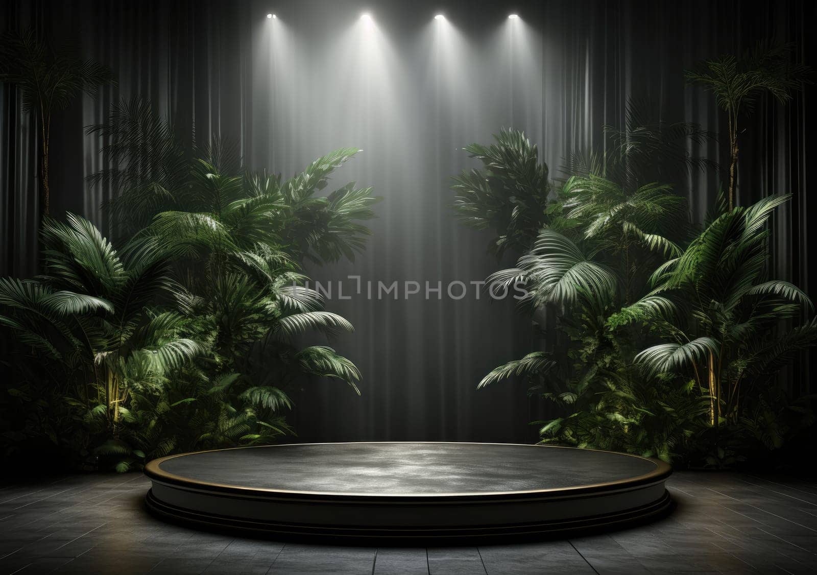 Dark podium, showcase for advertising products and goods. Display with natural stones and green tropical branches. Background for natural cosmetics and branding.