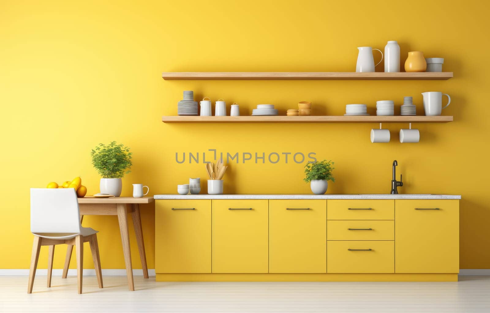 Kitchen modern eclectic, craziness,vibrant yellow colour dominate ,with modern minimalistic elements with boho style elements and appliances in complementary colors