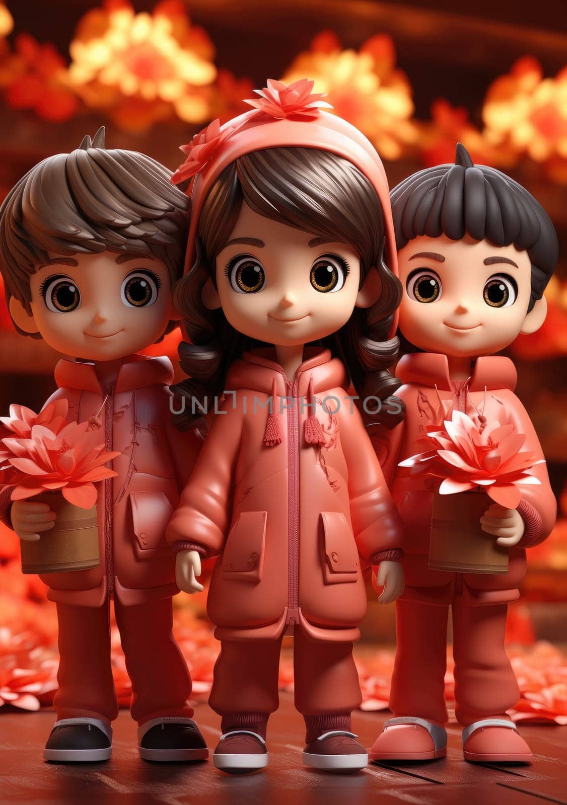 cute of character kids group friends on red chines culture suit of Chinese new year celebration concept with happy and funny.