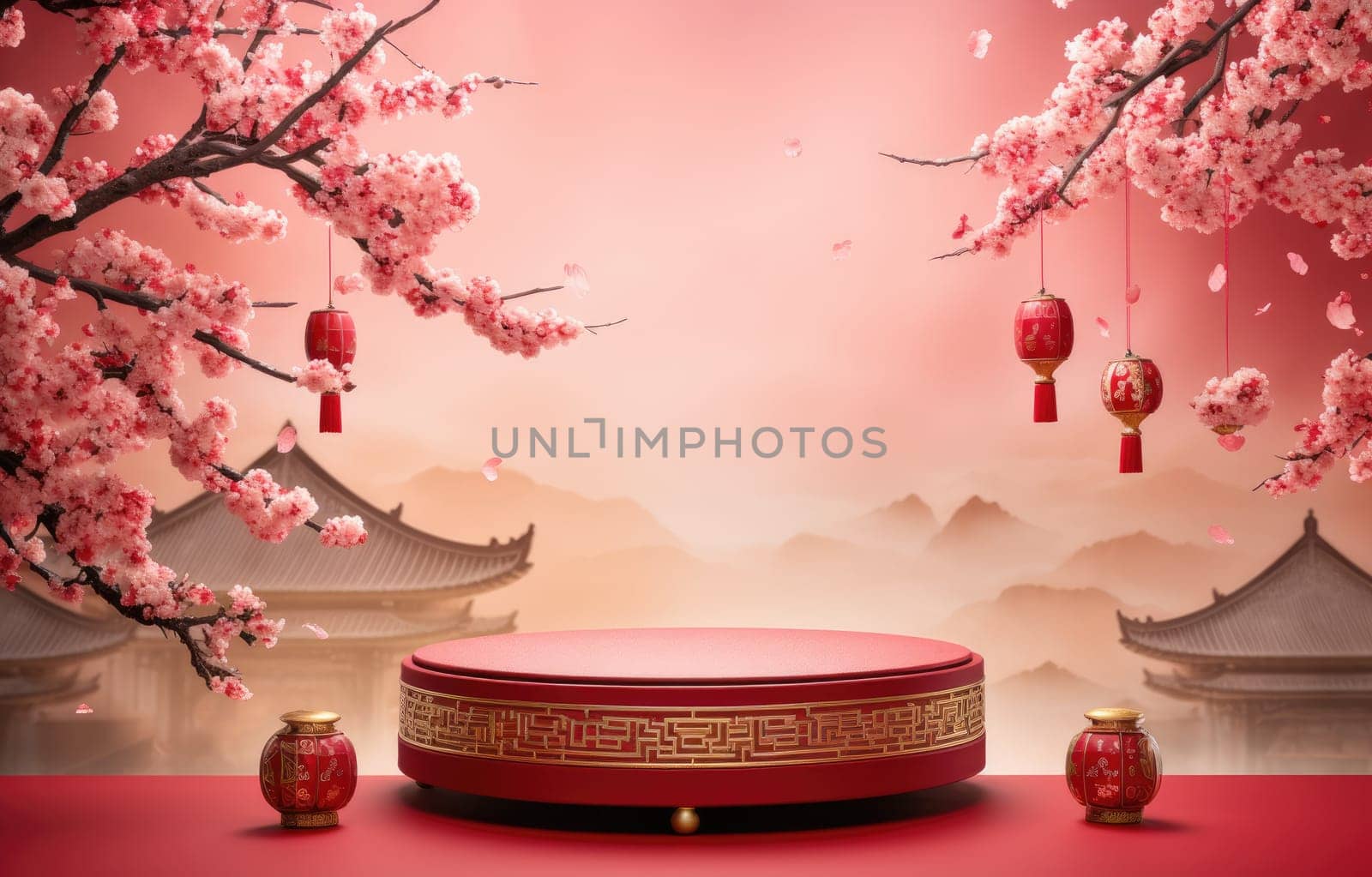 Podium round stage Chinese new year,Chinese Festivals, Mid Autumn Festival , red ,flower and asian elements with craft style on background.