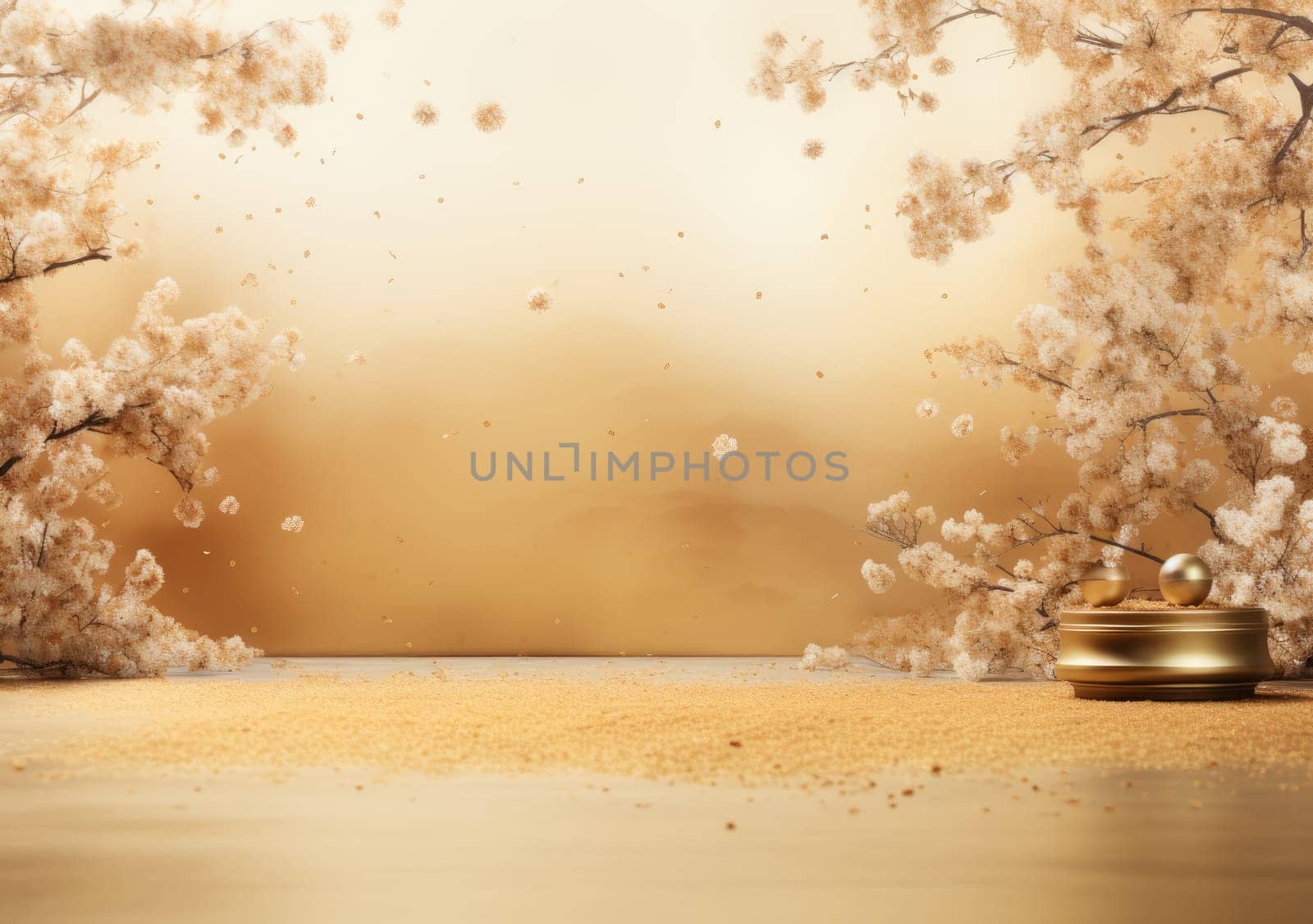 Realistic 3D render blank empty pastel pink podium with cherry blossom flower bouquet and blowing white curtain. Beauty products display, Backdrop.