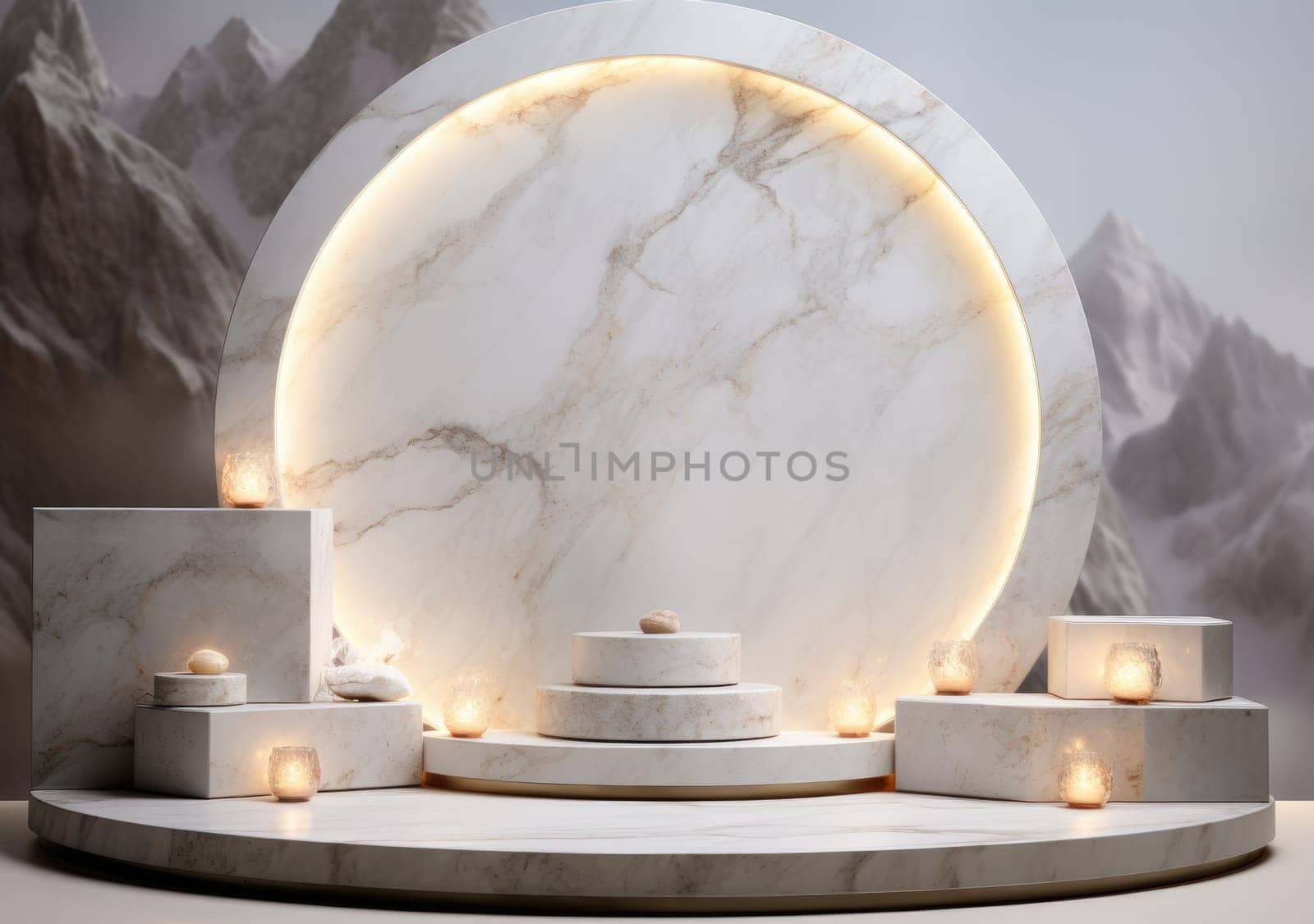 abstract modern minimal background with cobblestones on the wet floor. Trendy showcase with golden round frame and empty platform for product displaying.