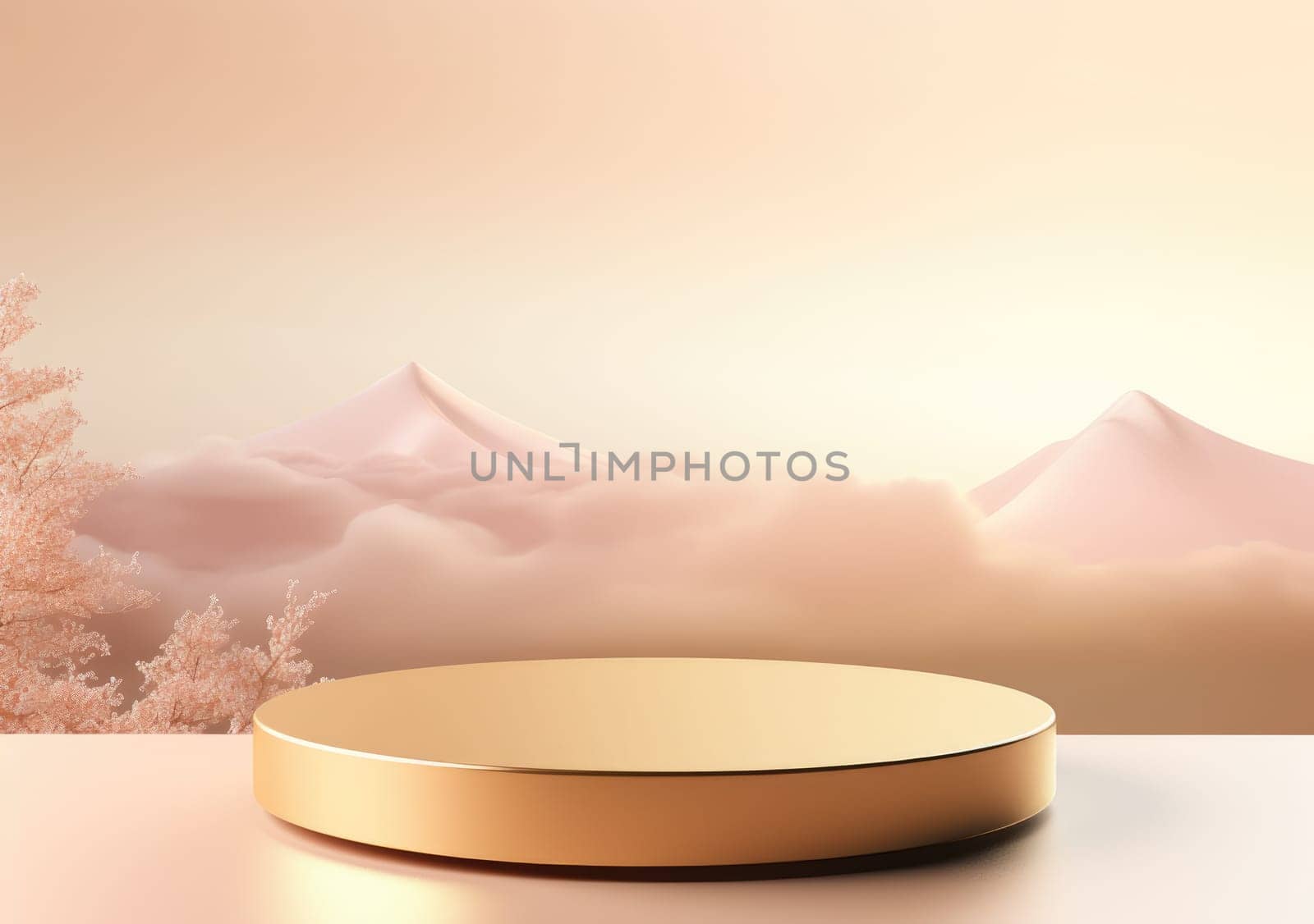 Realistic 3D render blank empty pastel pink podium with cherry blossom flower bouquet and blowing white curtain. Beauty products display, Backdrop.