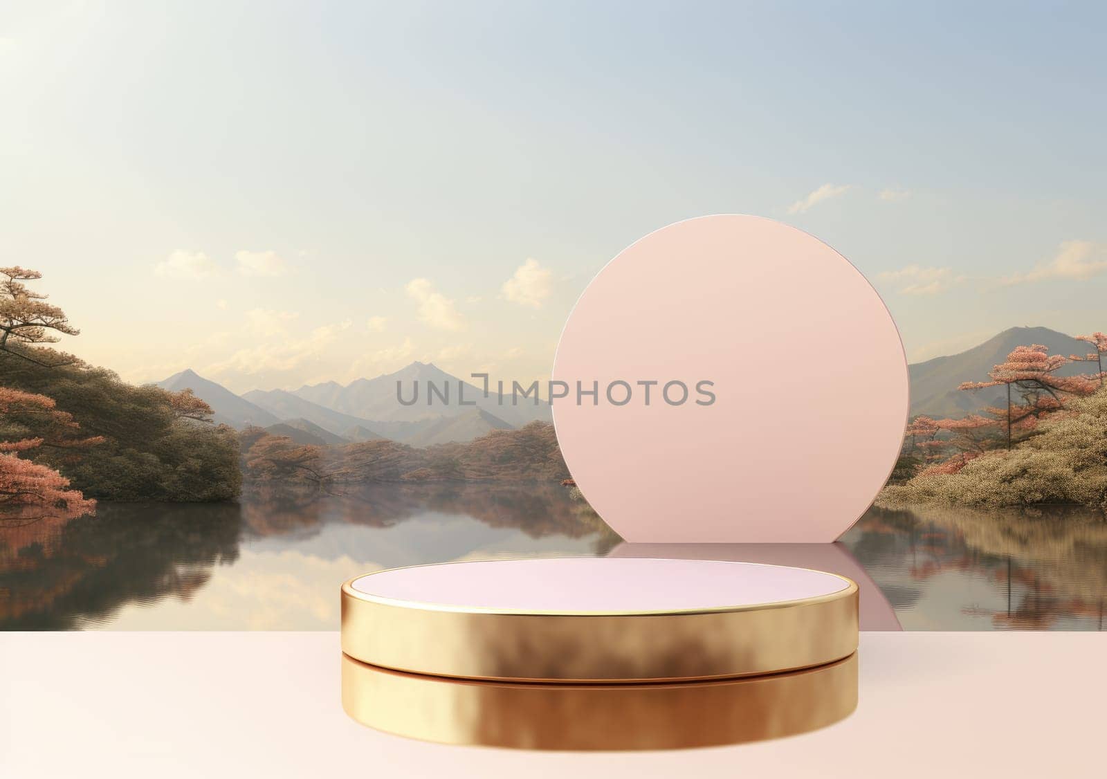 Realistic 3D render blank empty pastel pink podium with cherry blossom flower bouquet and blowing white curtain. Beauty products display, Backdrop.