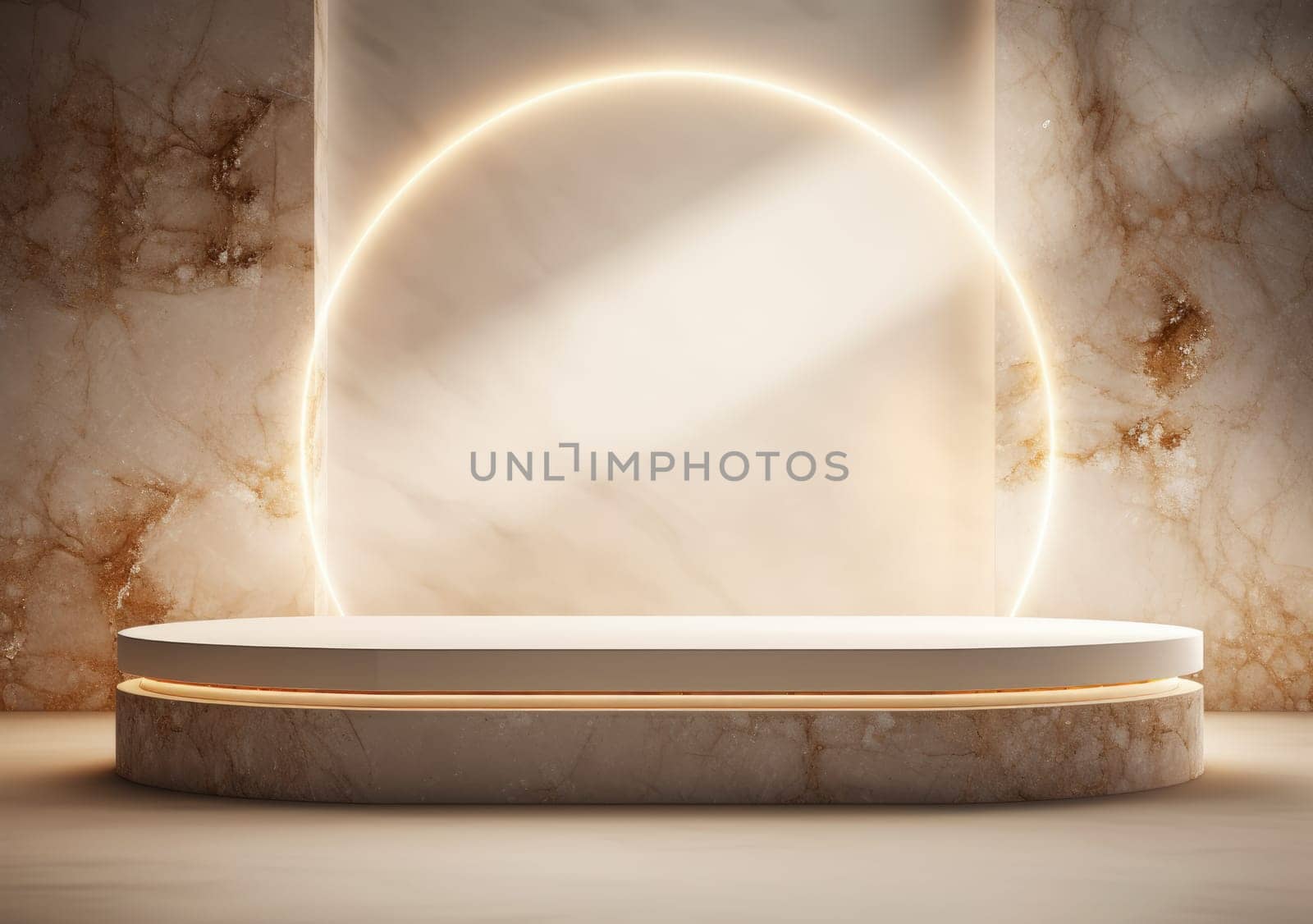 abstract modern minimal background with cobblestones on the wet floor. Trendy showcase with golden round frame and empty platform for product displaying.