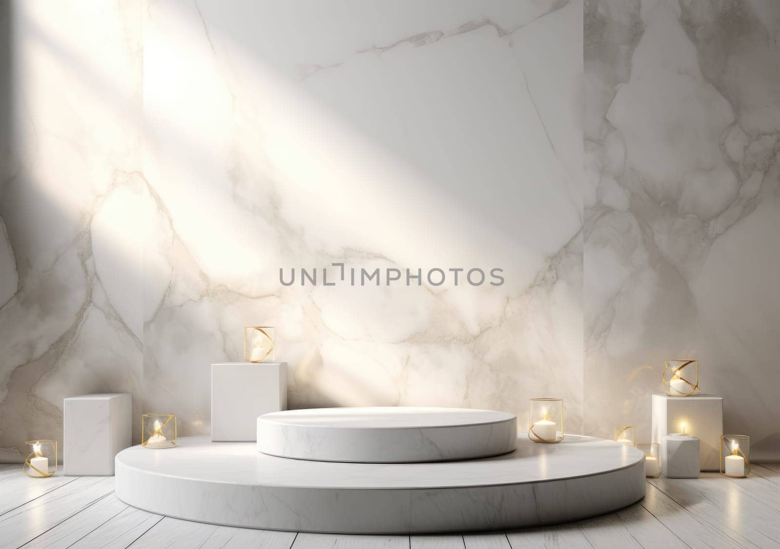 abstract modern minimal background with cobblestones on the wet floor. Trendy showcase with golden round frame and empty platform for product displaying.