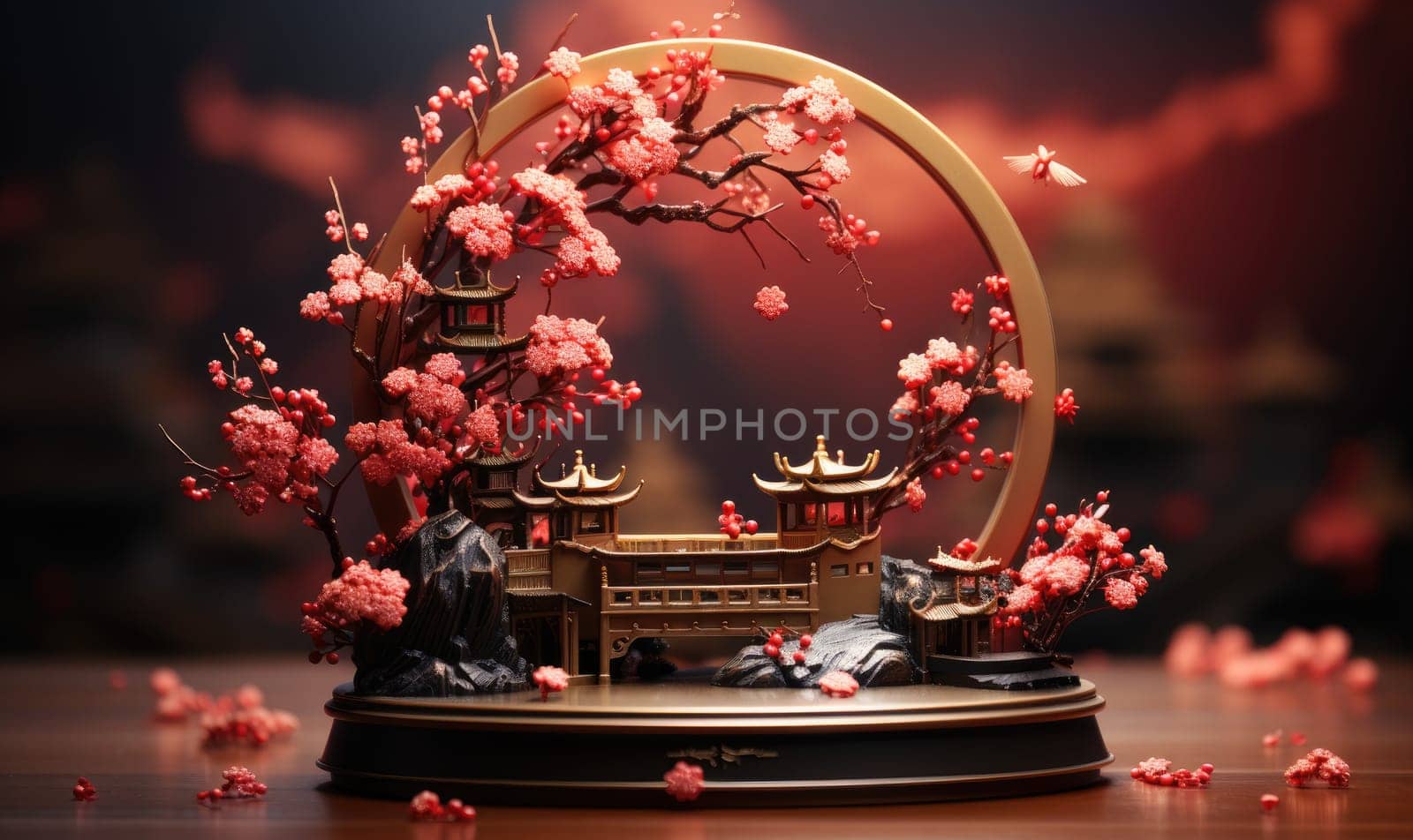 Podium round stage Chinese new year,Chinese Festivals, Mid Autumn Festival , red ,flower and asian elements with craft style on background.