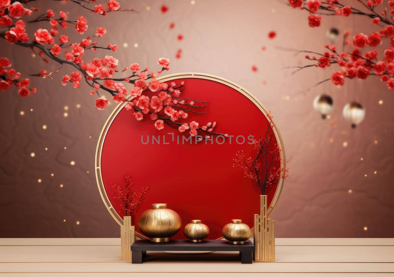 Lunar year background design with ingots and cherry flowers as the decoration, Podium stage chinese style for chinese new year and festivals or mid autumn festival