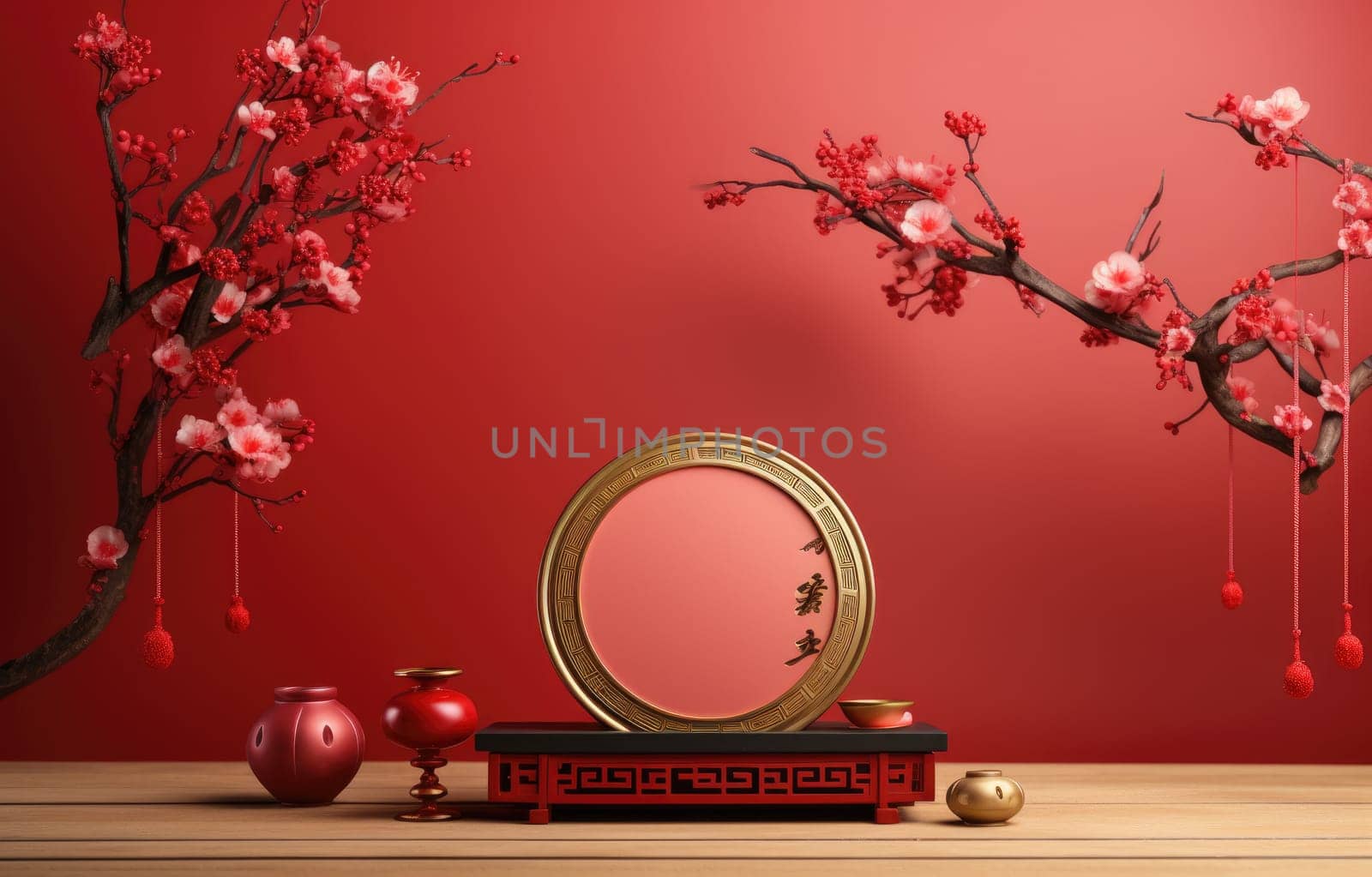 red cylinder podium for products display presentation, Chinese new year, Chinese Festivals, Mid Autumn Festival, poster, greeting card