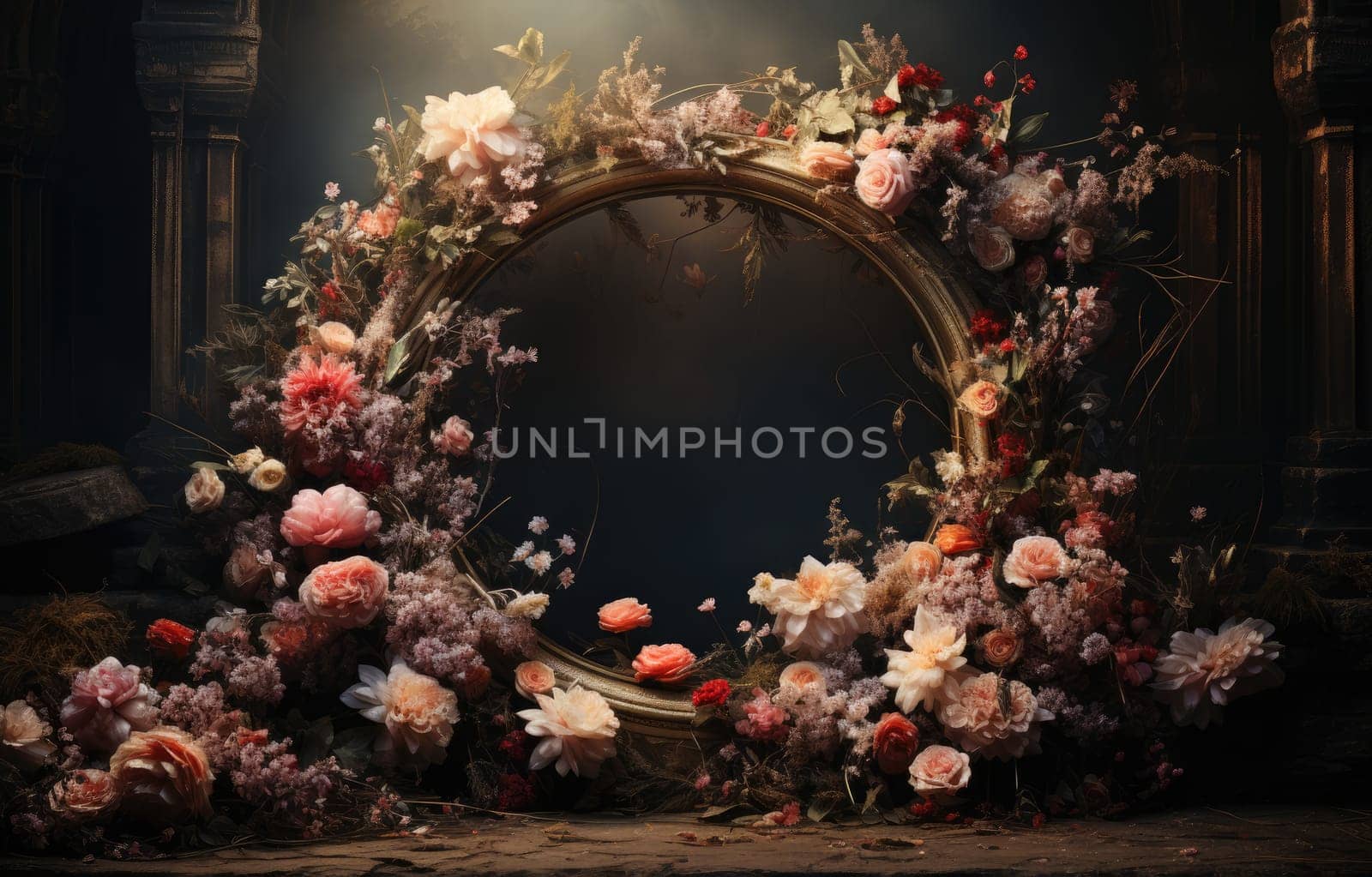 floral hoop digital backdrops. shoot set up with prop Flower and wood backdrop. Flower on hanging round