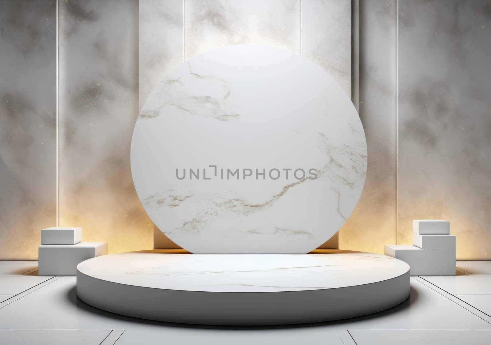 abstract modern minimal background with cobblestones on the wet floor. Trendy showcase with golden round frame and empty platform for product displaying by PeaceYAY