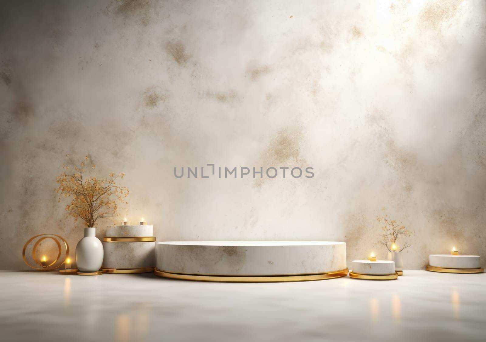 abstract modern minimal background with cobblestones on the wet floor. Trendy showcase with golden round frame and empty platform for product displaying by PeaceYAY