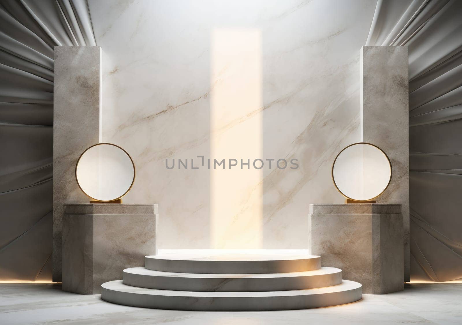 abstract modern minimal background with cobblestones on the wet floor. Trendy showcase with golden round frame and empty platform for product displaying.