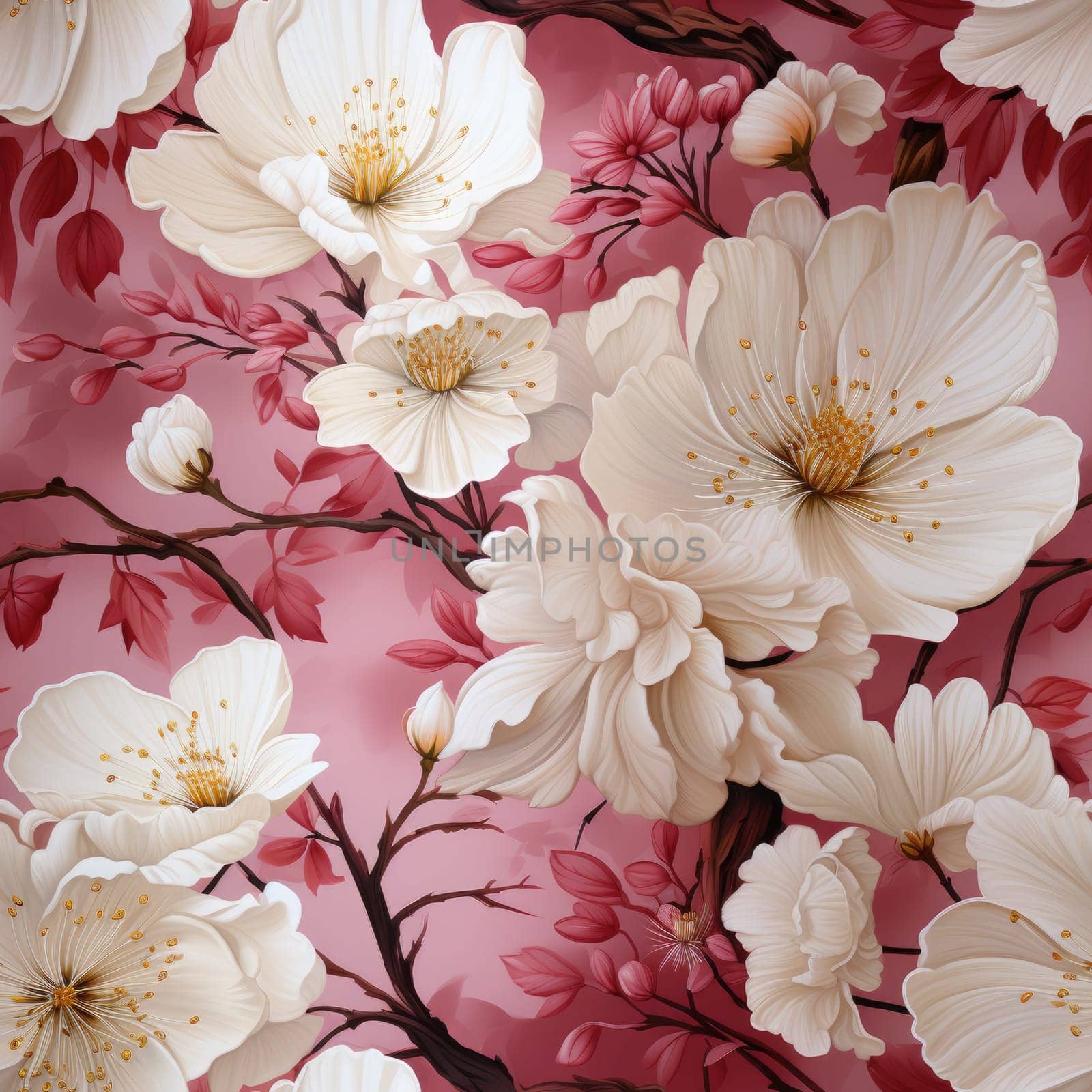 Floral Pattern with colourful big peony flowers, classic baroque peony flowers with petals, leaves and buds, seamless.