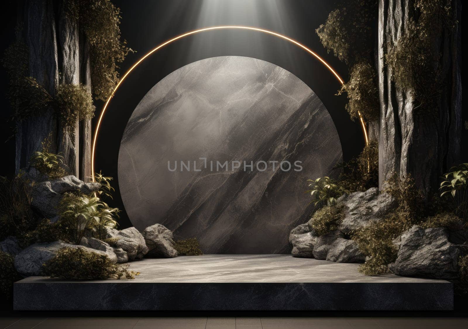 Dark podium, showcase for advertising products and goods. Display with natural stones and green tropical branches. Background for natural cosmetics and branding.