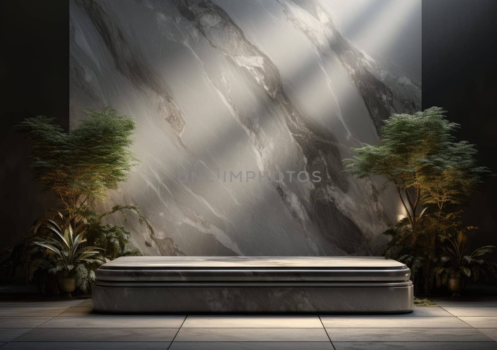 Dark podium, showcase for advertising products and goods. Display with natural stones and green tropical branches. Background for natural cosmetics and branding.