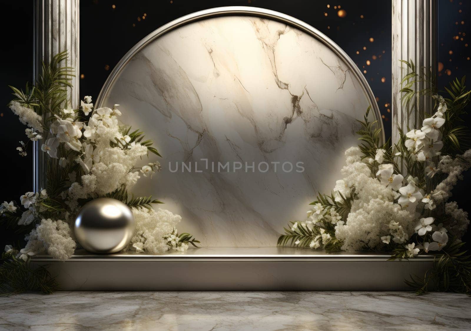 Dark podium, showcase for advertising products and goods. Display with natural stones and green tropical branches. Background for natural cosmetics and branding.