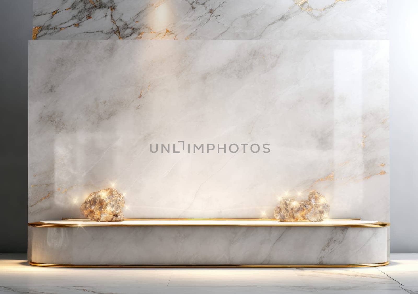 abstract modern minimal background with cobblestones on the wet floor. Trendy showcase with golden round frame and empty platform for product displaying by PeaceYAY