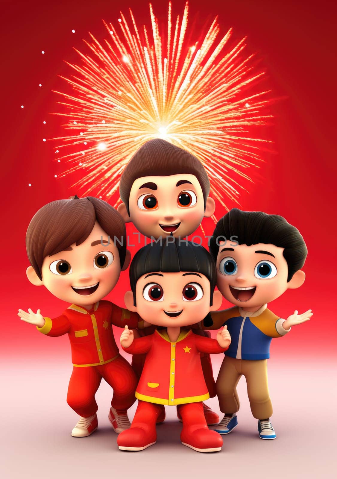 cute of character kids group friends on red chines culture suit of Chinese new year celebration concept with happy and funny.