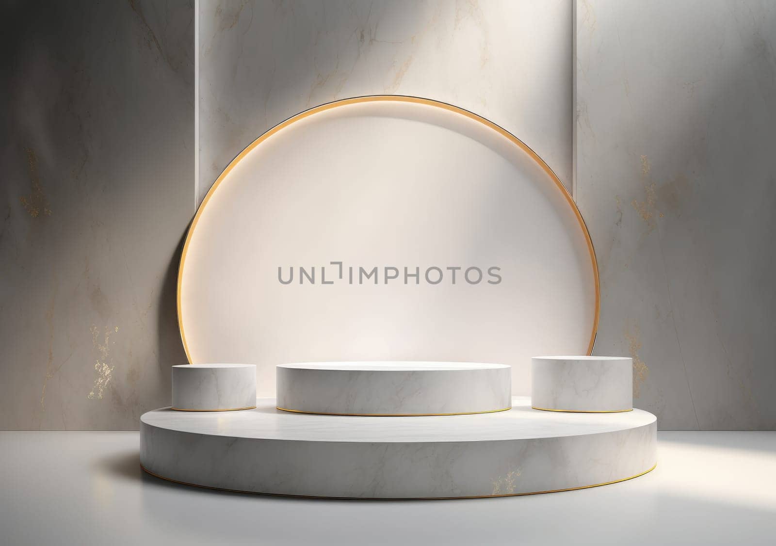 abstract modern minimal background with cobblestones on the wet floor. Trendy showcase with golden round frame and empty platform for product displaying by PeaceYAY